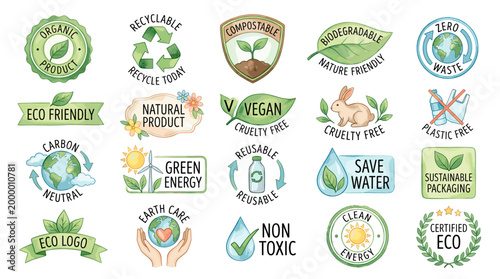 Eco label vector badges collection with recyclable, compostable, organic, vegan, cruelty free, non toxic, green energy and sustainable packaging symbols