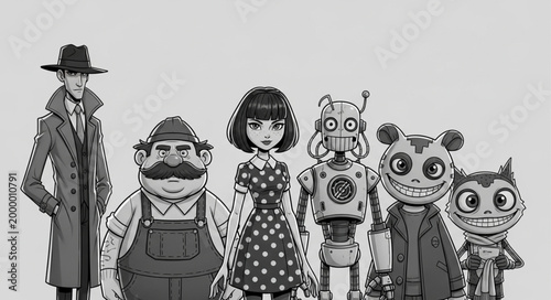 Diverse group of stylized characters standing together.