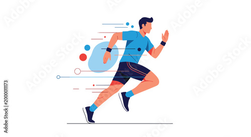 Energetic illustration of a man running fast with motion lines and abstract shapes representing speed and athletic performance in sports.