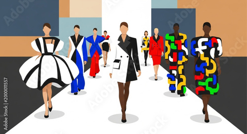 Diverse Models Showcase Avant Garde Fashion on Runway.