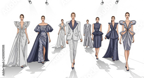 Diverse models showcase avant-garde fashion designs on a runway.