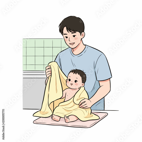 Man gently wraps baby in towel after bath