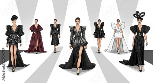 Diverse Models Showcase Avant-Garde Fashion on Runway.