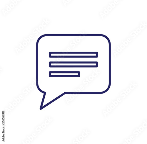 Blue outline chat bubble icon with text lines inside, simple vector graphic