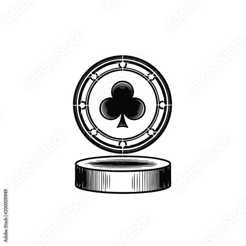 Single Casino Poker Chip with Club Symbol Vintage Engraving Style Gambling Vector Illustration