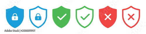 security shield icons colored set lock protection symbols check mark cross safe approval denial cyber defense verification secure badge collection vector ui design flat modern elements pack