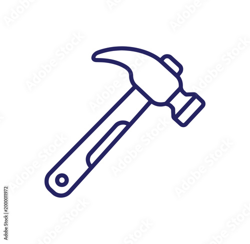 Simple outline drawing of a dark blue claw hammer on a white background