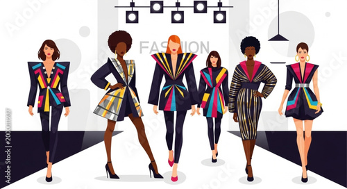 Diverse models showcasing avant-garde fashion on a runway.