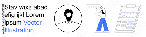 Digital security, identity verification, data analysis, modern technology, user interface, conceptual graphics. Profile icon, person with card clipboard graph. Identity and data analysis concepts