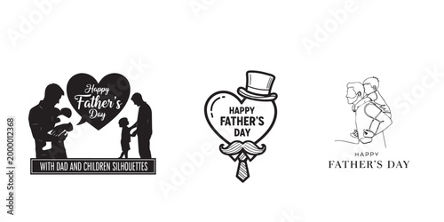 Vintage father's day illustrations heart shaped cards and family scenes