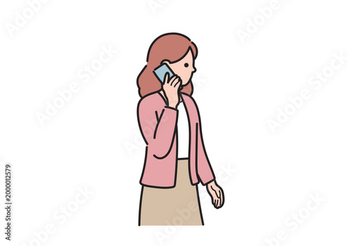 スマートフォンで電話をかける女性のイラスト ビジネス 挨拶 ベクター