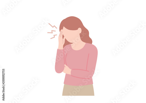 頭痛や体調不良で悩む女性のイラスト ストレス フラットデザイン