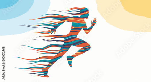 Abstract running woman silhouette with colorful motion speed trails