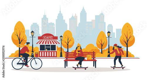 Active people in city park during autumn flat vector