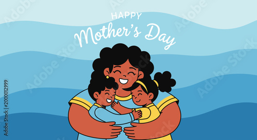 African American mother embracing children for Mother's Day greeting card
