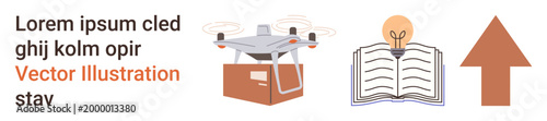 Technology, education, innovation, logistics, progress, ideas. quadcopter carrying a package, open book with a lightbulb upward arrow. Technology and education illustrated with clear symbolism