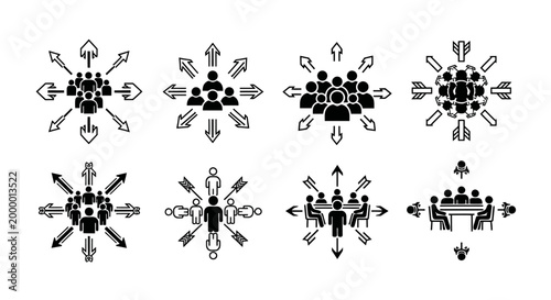 Business team icons with arrows showing expansion and outsourcing