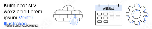 Cloud security, data management, system optimization, yearly planning, information systems, operational tools. Calendar, cloud with drop and gear icons. Cloud security and data management concepts