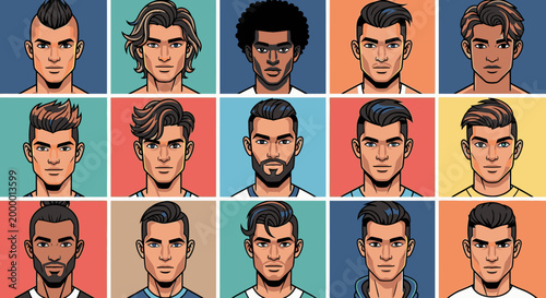 Collection of diverse male avatar portraits with trendy hairstyles