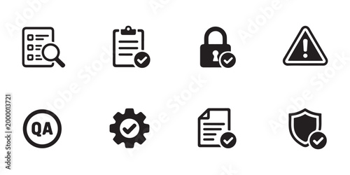 Quality assurance icons, checklist, magnifying glass, lock, warning, QA, gear, document, shield.
