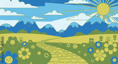 Colorful psychedelic landscape with smiling flowers and mountain path