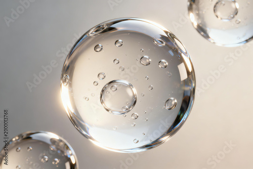 Floating glass spheres with refraction, scientific visualization, for chemistry content