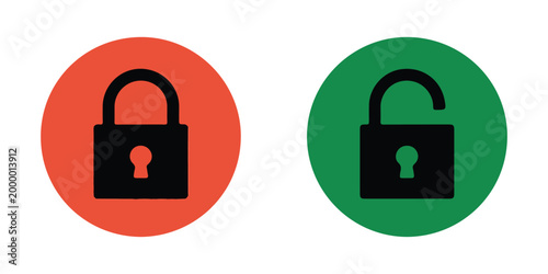 Red closed lock and green unlocked lock icons in circles for web security status indicator for user interface.