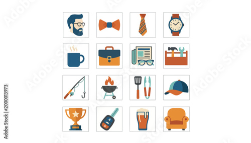 Collection of Father's Day themed icons, including a beard, tie, watch, coffee, briefcase, and more, representing various dad interests.
