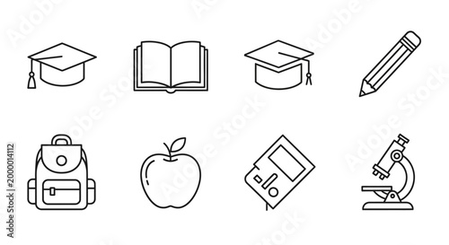 Educational icons graduation caps book pencil apple backpack microscope