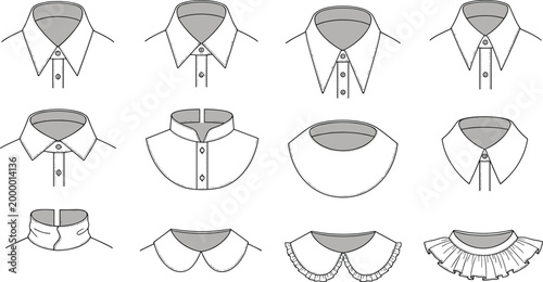 Schilderij op canvas Shirt collar styles technical flat sketch set various neck designs including poi