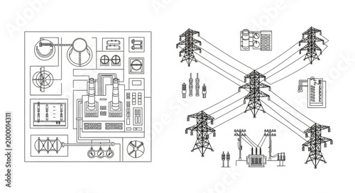 Electrical power grid schematic diagram and transmission towers.