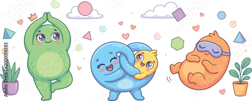Cute Kawaii Health and Wellness Characters Set Featuring Yoga Meditation and Sleep for Kids Wellness