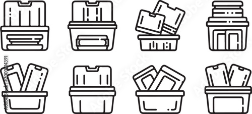 Isometric vector illustration of eight different cardboard boxes with text or symbols Vector