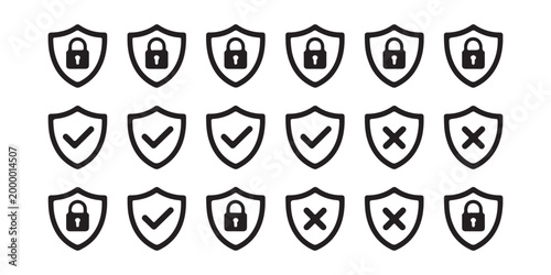 Collection of eighteen shield icons representing security status with locks and checkmarks for user interface.