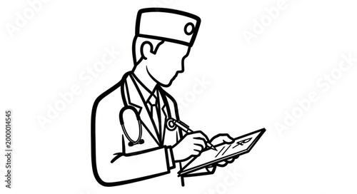 Doctor wearing stethoscope and cap writing on clipboard.