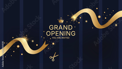 Grand opening invitation card with gold ribbon and crown on dark blue striped background