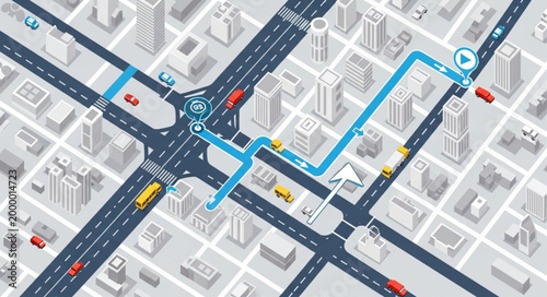 City map with navigation route and cars on roads.