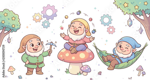 Cute Kawaii Garden Gnome Characters Set with Magic Mushrooms Trees and Hammock for Kids Design