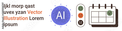 Artificial intelligence, productivity, planning, feedback, evaluation, scheduling. Purple AI circle, feedback panel with emoticons calendar with checkmark. Productivity and planning concept