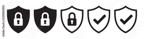 Set of black shield icons with padlock and checkmark, vector illustration on transparent background.