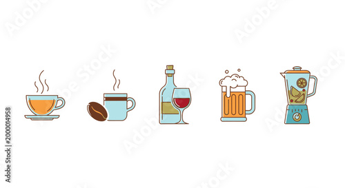Illustrated drinks collection coffee wine beer blender on white background