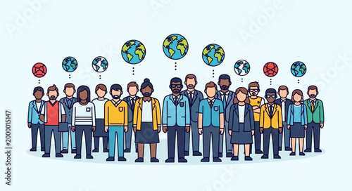 Diverse group of people standing together with globes above them.