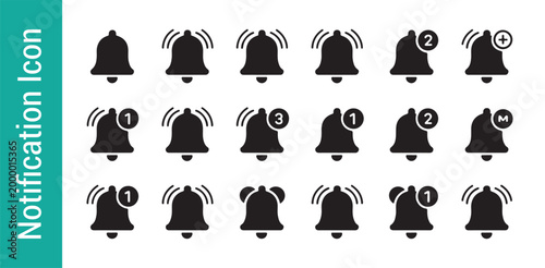 Group of black notification bell icons with numerical counts and alert indicators for mobile and web interfaces.