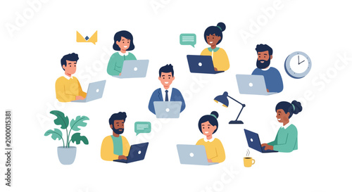 Diverse professionals working on laptops with office icons like a clock, plant, and lamp, representing a collaborative remote work environment.