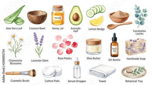 Natural skincare ingredients vector chart with aloe vera, coconut, honey, avocado, cucumber, clay, eucalyptus, chamomile, rose and beauty products