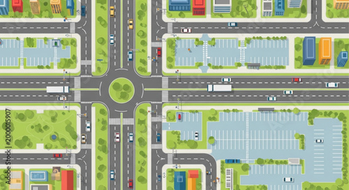 Aerial view of a busy city intersection with a roundabout and traffic.