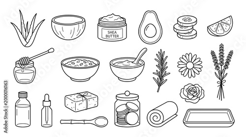 Natural spa and skincare line icons with aloe vera, cream jar, avocado, lemon, herbs, flowers, serum, towel, clay bowl and beauty products