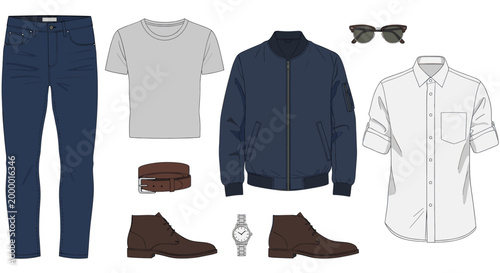 Collection of mens casual clothing: jeans, tees, jacket, shirt, shoes, sunglasses, belt, watch. Everyday wear style. Vector illustration for fashion
