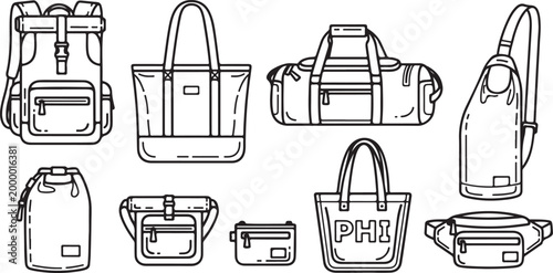 Set of modern briefcases and handbags in simple line art style Vector