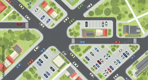 Aerial view of a busy city intersection with cars and buildings.